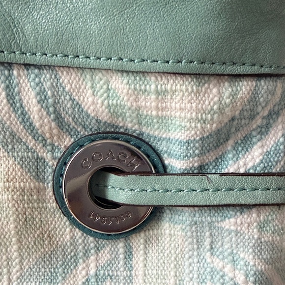 Coach Mint Blue & Tan Patterned Canvas Tote - Picture 2 of 11
